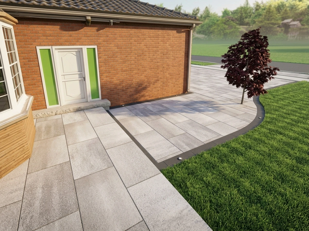 XL slab walkway leading to the front entry with a dark soldier border